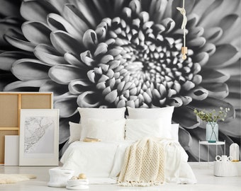 Black and white flower wallpaper mural, dark floral wall decor, self adhesive removable wallpaper, floral wall decal, home decor
