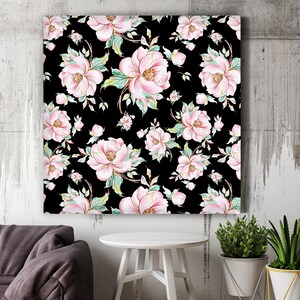 Fresh roses canvas print, dark floral print pink flowers on black background wall decor, flower wall art, canvas roll for self assembly