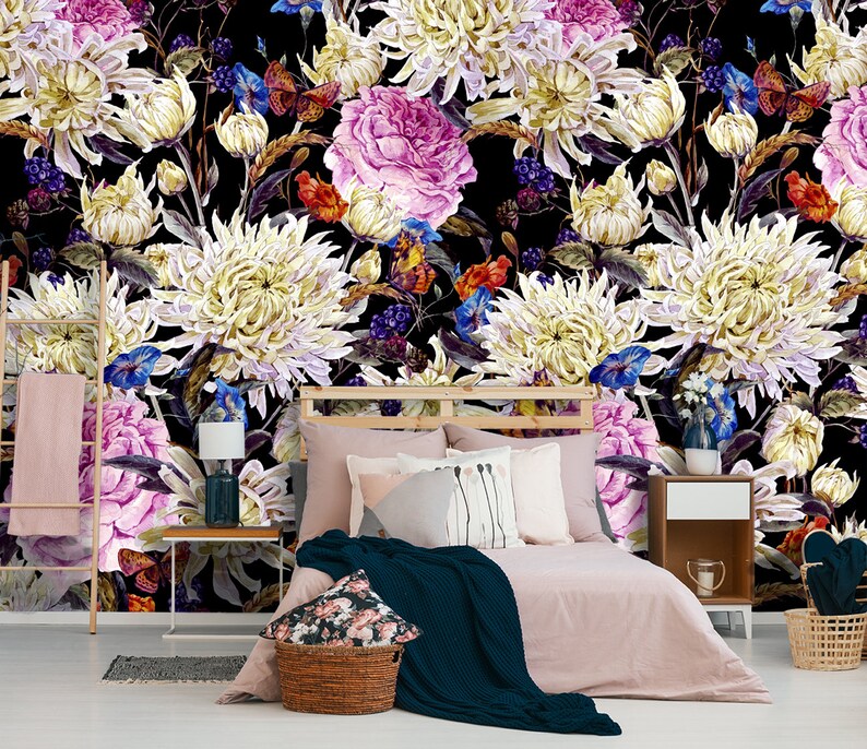 self adhesive wall mural peel and stick removable wallpaper Field flowers dark wallpaper wall decor temporary wallpaper floral bouquet