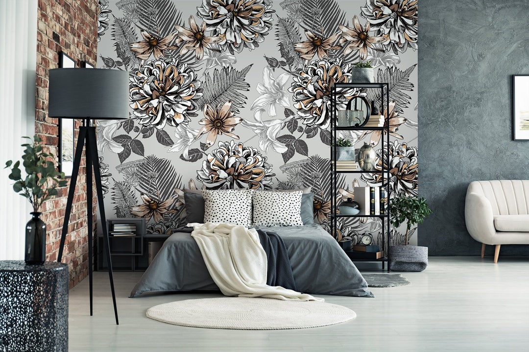 Grey Floral Wallpaper, Peel and Stick Wall Mural, Removable Temporary