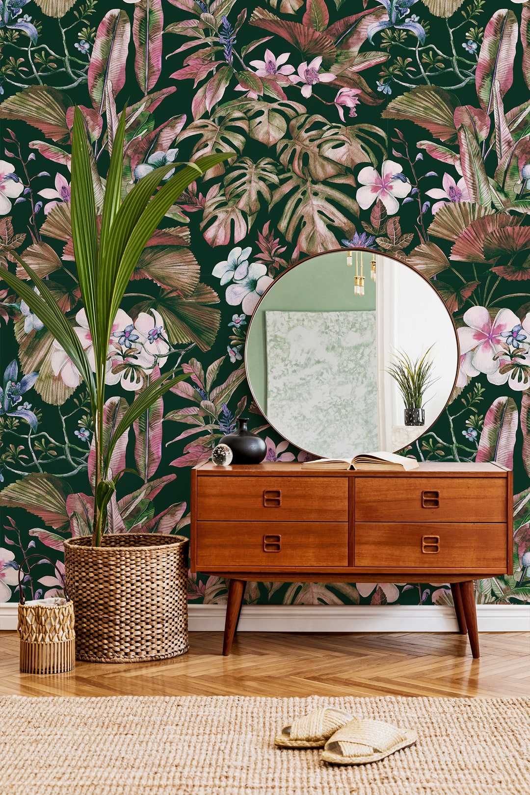 Dark Leaves and Flowers Wallpaper, Peel and Stick Wallpaper, Tropical ...