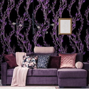 Asian style floral wallpaper, peel and stick wallpaper with purple flowers, dark floral wallpaper, watercolor pattern, temporary wallpaper