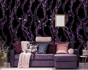 Asian style floral wallpaper, peel and stick wallpaper with purple flowers, dark floral wallpaper, watercolor pattern, temporary wallpaper