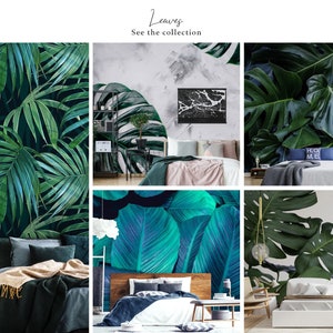 K&ouml;nnte beinhalten: Eine Collage aus vier Bildern, die verschiedene tropische Blattmotive zeigen. Jedes Bild zeigt ein Schlafzimmer mit einem Bett, M&ouml;beln und einer Wand, die mit einem einzigartigen Blattdesign bedeckt ist. Die Designs umfassen gro&szlig;e, dunkelgr&uuml;ne Bl&auml;tter, kleinere, hellgr&uuml;ne Bl&auml;tter und ein leuchtendes Blau- und Gr&uuml;nt&ouml;nen.