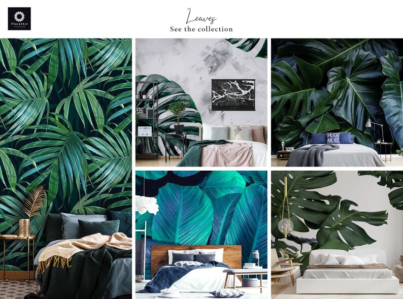 K&ouml;nnte beinhalten: Eine Collage aus vier Bildern, die verschiedene tropische Blattmotive zeigen. Jedes Bild zeigt ein Schlafzimmer mit einem Bett, M&ouml;beln und einer Wand, die mit einem einzigartigen Blattdesign bedeckt ist. Die Designs umfassen gro&szlig;e, dunkelgr&uuml;ne Bl&auml;tter, kleinere, hellgr&uuml;ne Bl&auml;tter und ein leuchtendes Blau- und Gr&uuml;nt&ouml;nen.