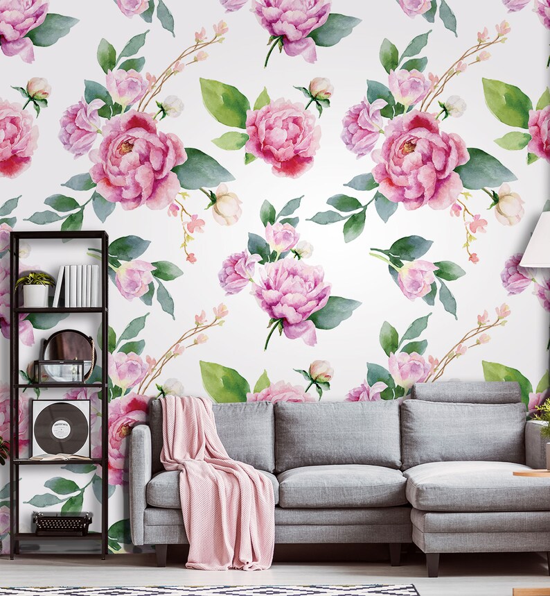 Retro Style Pink Flowers Wallpaper, Peel and Stick Removable Wallpaper ...