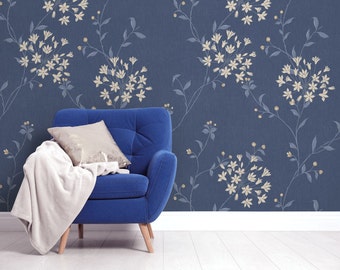 Botanical wallpaper in vintage style, peel and stick, self adhesive, floral pattern, removable wallpaper, wall decor