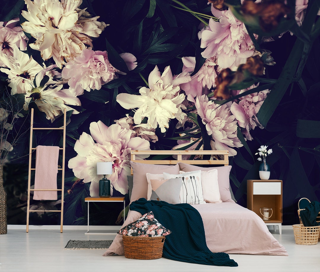 Dark Floral Wallpaper With Pink Peonies, Peel and Stick Wall Mural ...