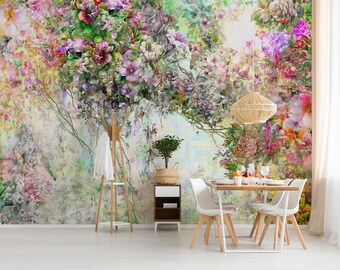 Secret garden floral wall mural, self adhesive removable wallpaper, green nature floral print, peel and stick wallpaper, wall decor