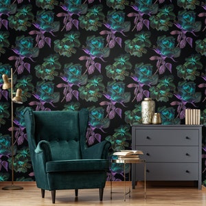 Dark floral wallpaper, flowers and leaves on black background, self adhesive, peel and stick, removable or traditional, vinyl wallpaper