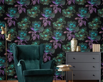 Carta da parati floreale scura, fiori e foglie su sfondo nero, autoadesiva, stacca e attacca, rimovibile o tradizionale, carta da parati in vinile
