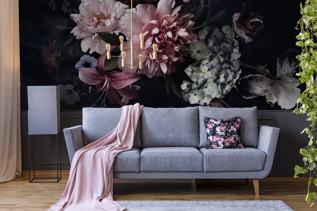 Dark Floral Wallpaper With Peony Bouquet, Peel and Stick Wall Mural ...