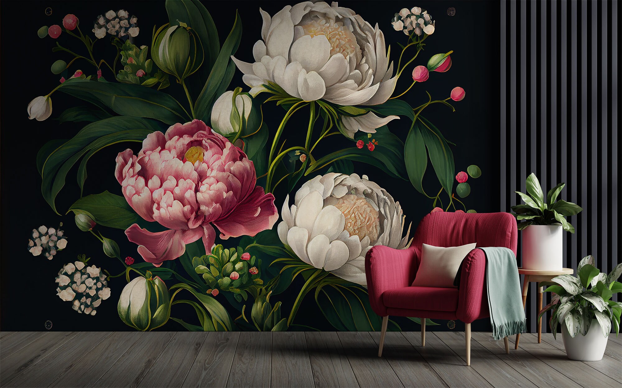 Dark Vintage Flowers Wall Mural, Peony Flowers Painting Wallpaper, Self ...