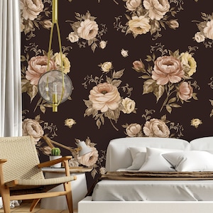 Dark vintage roses wallpaper, peel and stick, self adhesive, floral pattern, removable wallpaper, wall decor