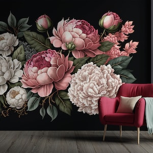 Dark beautiful floral wall mural, pink peony bouquet wallpaper, self adhesive, peel and stick, removable or traditional, vinyl wallpaper