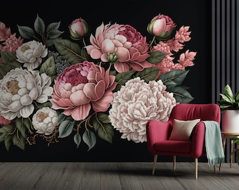 Dunkles schönes Blumenwandbild, rosa Pfingstrosen-Bouquet Tapete, selbstklebend, schälen und aufkleben, entfernbar oder traditionell, Vinyl-Tapete