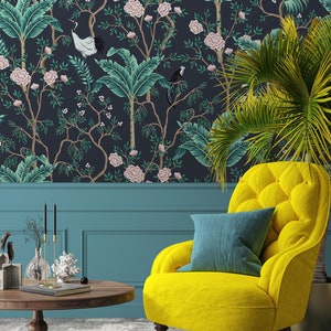 Dark chinoiserie wallpaper, flowers and birds self adhesive wallpaper, peel and stick, removable or traditional, vinyl wallpaper