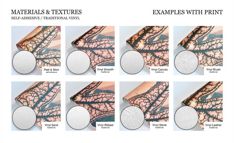 May include: A comparison chart titled MATERIALS & TEXTURES and EXAMPLES WITH PRINT showing eight types of vinyl wallpaper finishes. Each sample displays a leaf-vein pattern and a circular inset highlighting the specific texture: Peel & Stick, Vinyl Smooth, Vinyl Canvas, Vinyl Brush, Vinyl Sand, Vinyl Ribbed, Vinyl Stone, and Vinyl Leather.