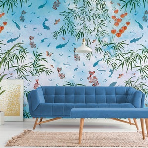 Japanese style wall mural, fish pattern wallpaper, self adhesive, peel and stick, removable or traditional, vinyl wallpaper