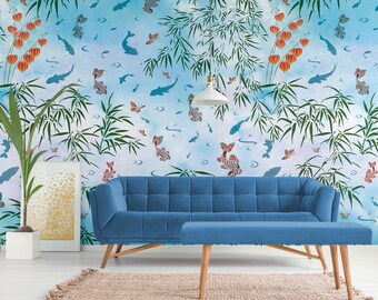 Japanese style wall mural, fish pattern wallpaper, self adhesive, peel and stick, removable or traditional, vinyl wallpaper