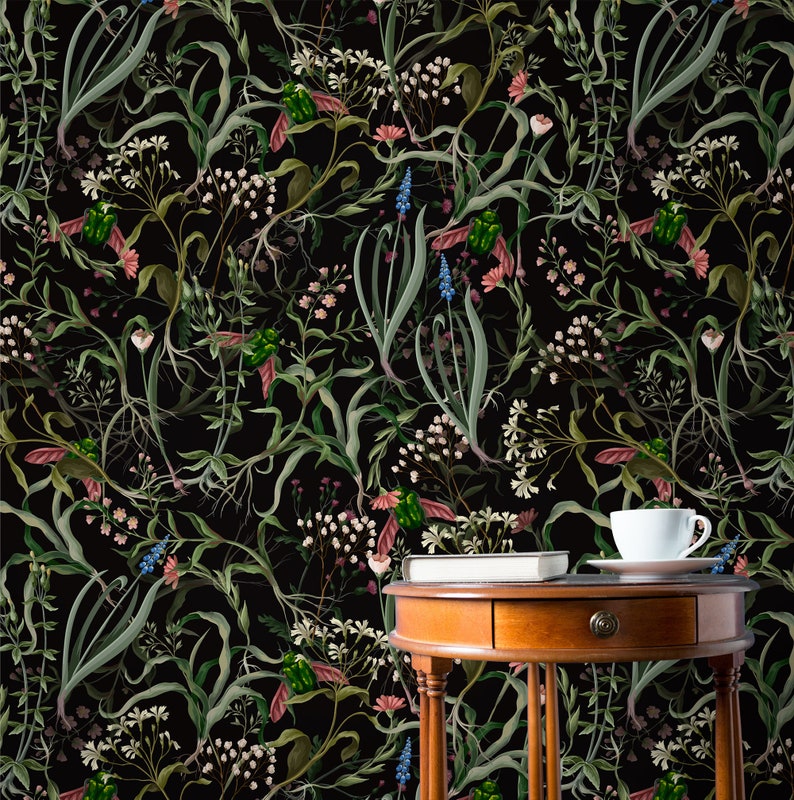 Wallpaper with wild flowers and insects, self adhesive wallpaper, wall mural, peel and stick removable wallpaper, wall decor image 4