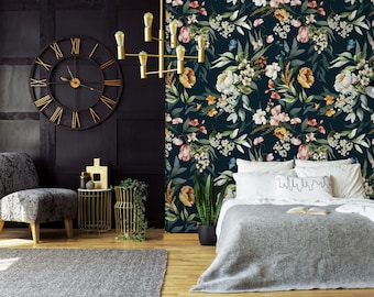 Dark botanical wallpaper with flowers and leaves, self adhesive removable wallpaper, watercolor mural, temporary, peel and stick wallpaper