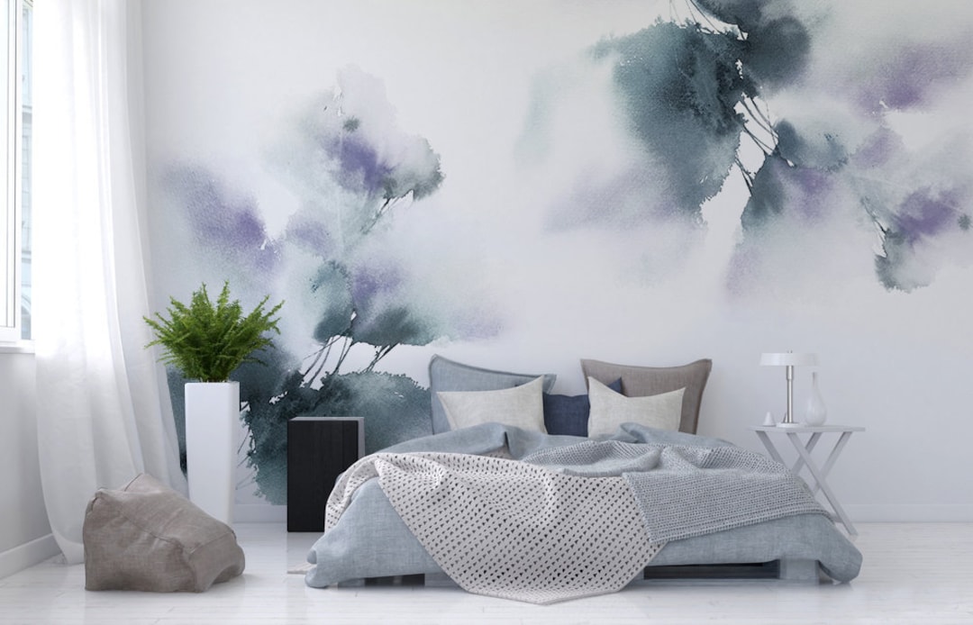 Purple Grey Floral Wallpaper, Self Adhesive Removable Wallpaper, Watercolor Floral Wall Art