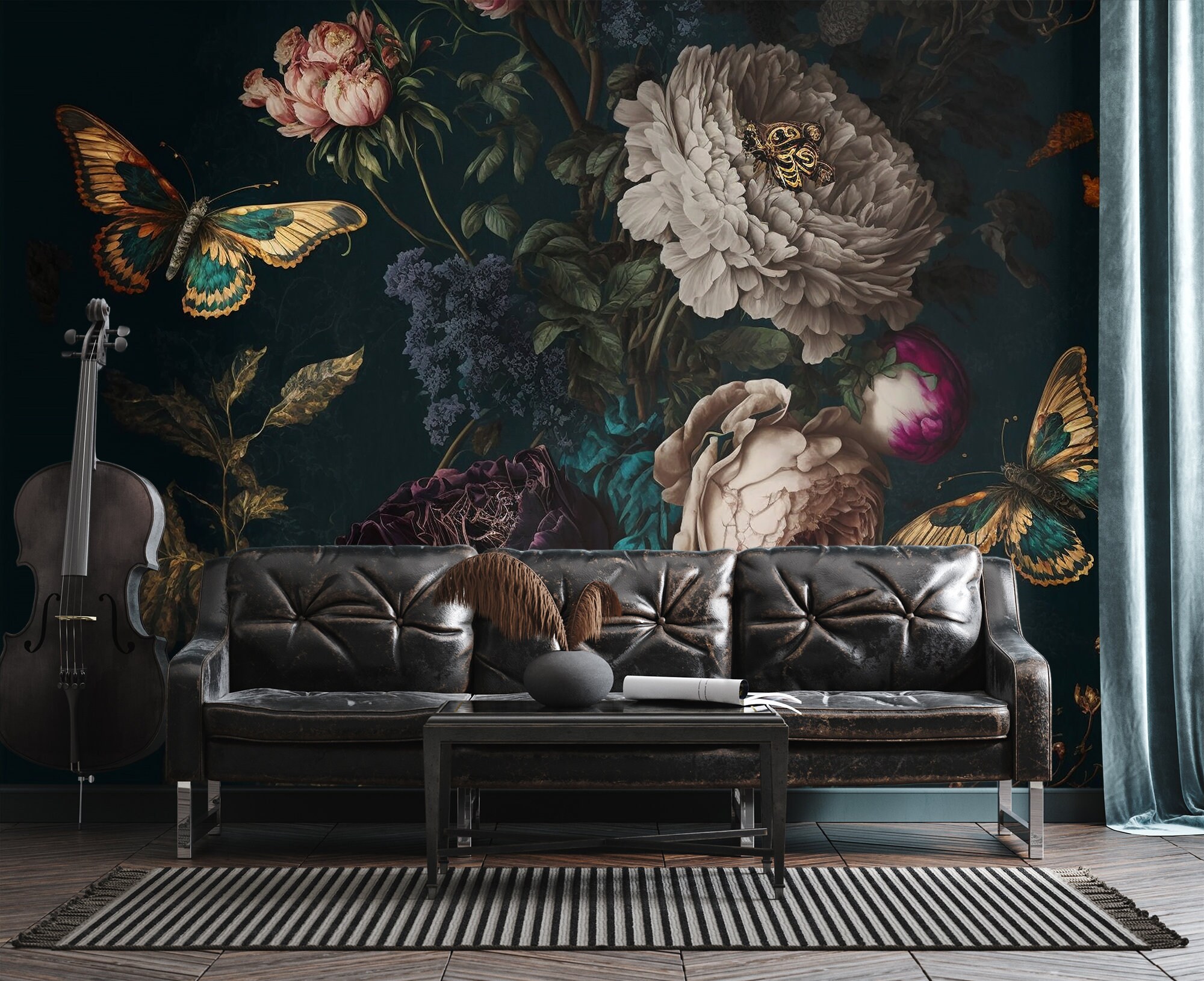 Dark Vintage Wallpaper, Flowers and Butterflies Wall Mural, Self ...