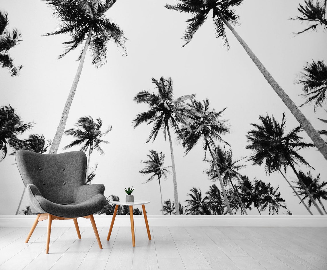 Black and White Palm Tree Wall Mural, Tropical Tree Wallpaper, Self ...