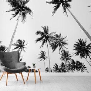 Black and white palm tree wall mural, tropical tree wallpaper, self adhesive removable wallpaper, peel and stick wallpaper, wall decor image 2