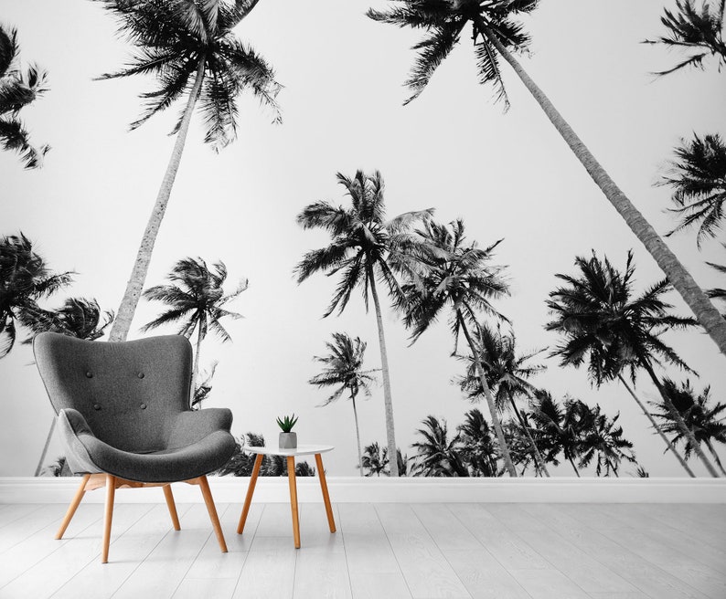 Black and white palm tree wall mural, tropical tree wallpaper, self adhesive removable wallpaper, peel and stick wallpaper, wall decor image 2