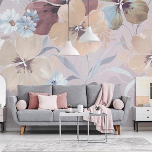 Abstract floral wallpaper, rose and peony painting wall mural, self adhesive, peel and stick, removable or traditional, vinyl wallpaper