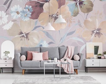 Abstrakt florale Tapete, Rose und Pfingstrose Malerei Wandbild, selbstklebend, schälen und aufkleben, abnehmbar oder traditionell, Vinyltapete