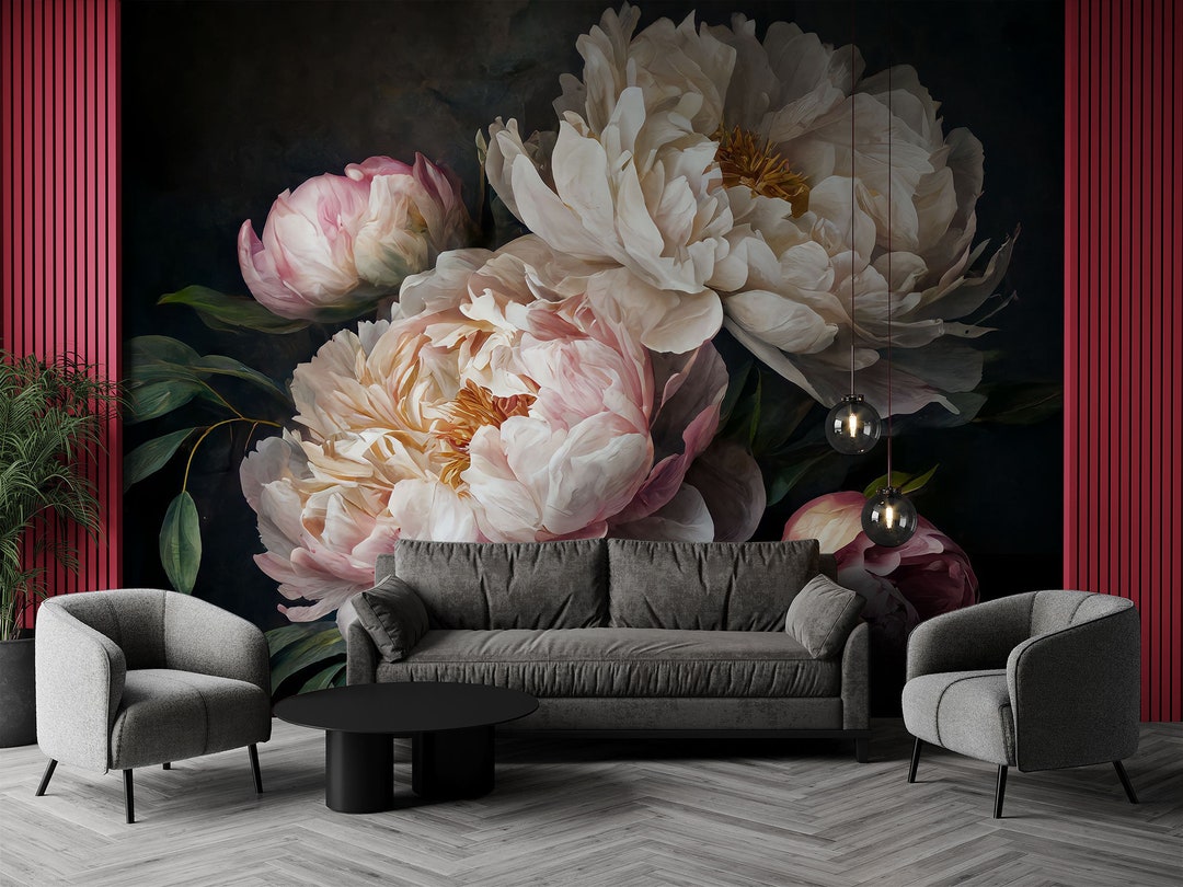 Beautiful Dark Floral Wall Mural, Peony Bouquet Wallpaper, Self ...