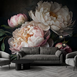 Bellissimo murale floreale scuro, carta da parati con bouquet di peonie, autoadesiva, stacca e incolla, rimovibile o tradizionale, carta da parati in vinile