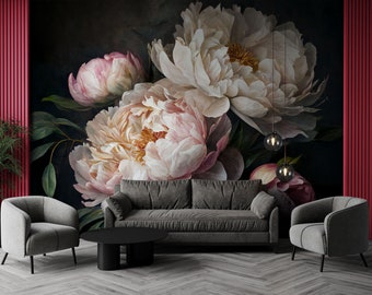 Beautiful dark floral wall mural, peony bouquet wallpaper, self adhesive, peel and stick, removable or traditional, vinyl wallpaper