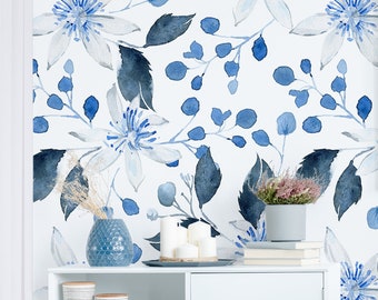 Watercolor wallpaper with blue flowers, peel and stick wall mural, floral removable wallpaper, temporary wallpaper, home decor