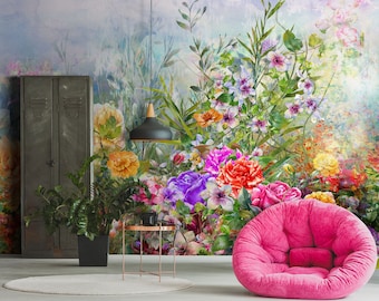 Flower meadow fieldwall mural, self adhesive removable wallpaper, painting, floral print, peel and stick wallpaper, wall decor