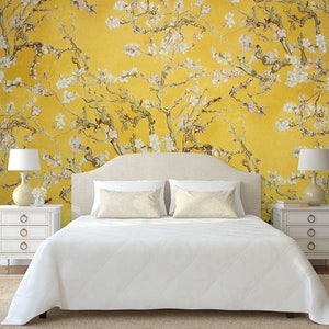 Almond tree wall mural, self adhesive removable wallpaper, floral print, peel and stick wallpaper, wall decor