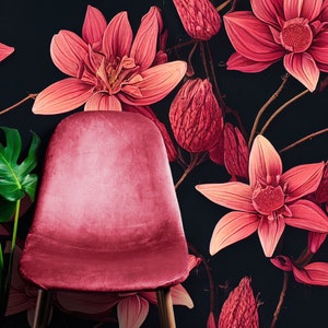 Dark floral wallpaper, pink flowers on black background, self adhesive, peel and stick, removable or traditional wallpaper