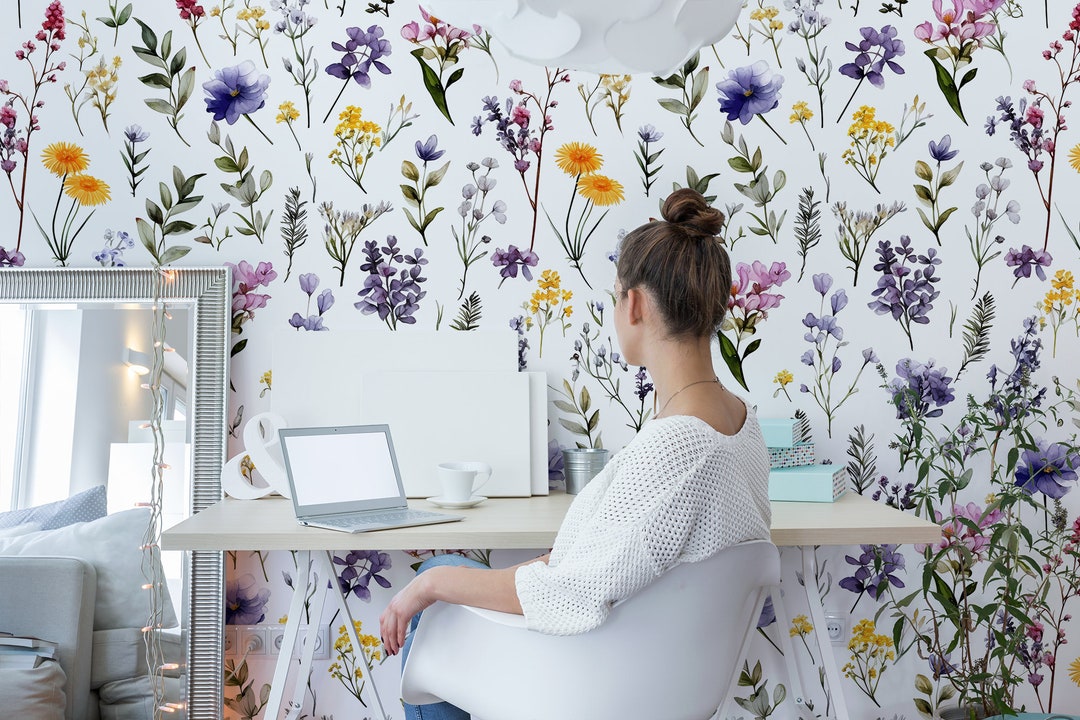 Floral Meadow Wallpaper, Wild Flowers Wall Mural, Self Adhesive, Peel ...
