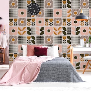Retro floral patchwork wallpaper mural, vintage pattern, self adhesive removable wallpaper, peel and stick wallpaper, wall decor