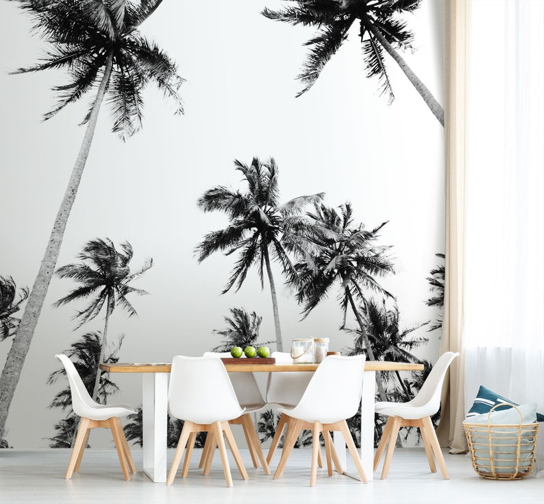 Black and white palm tree wall mural, tropical tree wallpaper, self adhesive removable wallpaper, peel and stick wallpaper, wall decor image 4