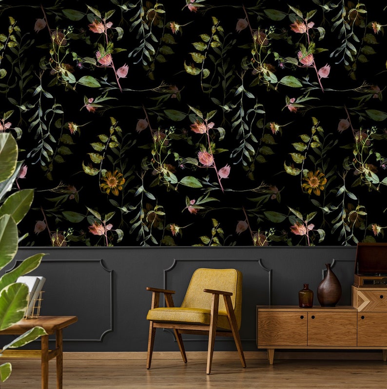 Watercolor Botanical Wallpaper Self Adhesive Wallpaper Dark - Etsy