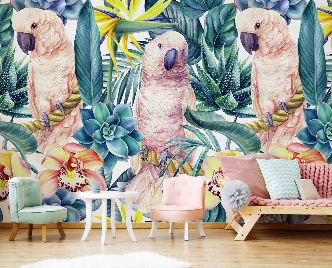 Tropical Wall Mural Flowers and Parrots, Peel and Stick Watercolor ...