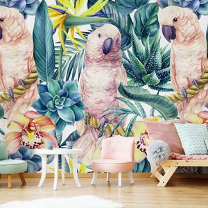 Tropical wall mural flowers and parrots, peel and stick watercolor wallpaper, temporary self adhesive removable wallpaper, wall decor