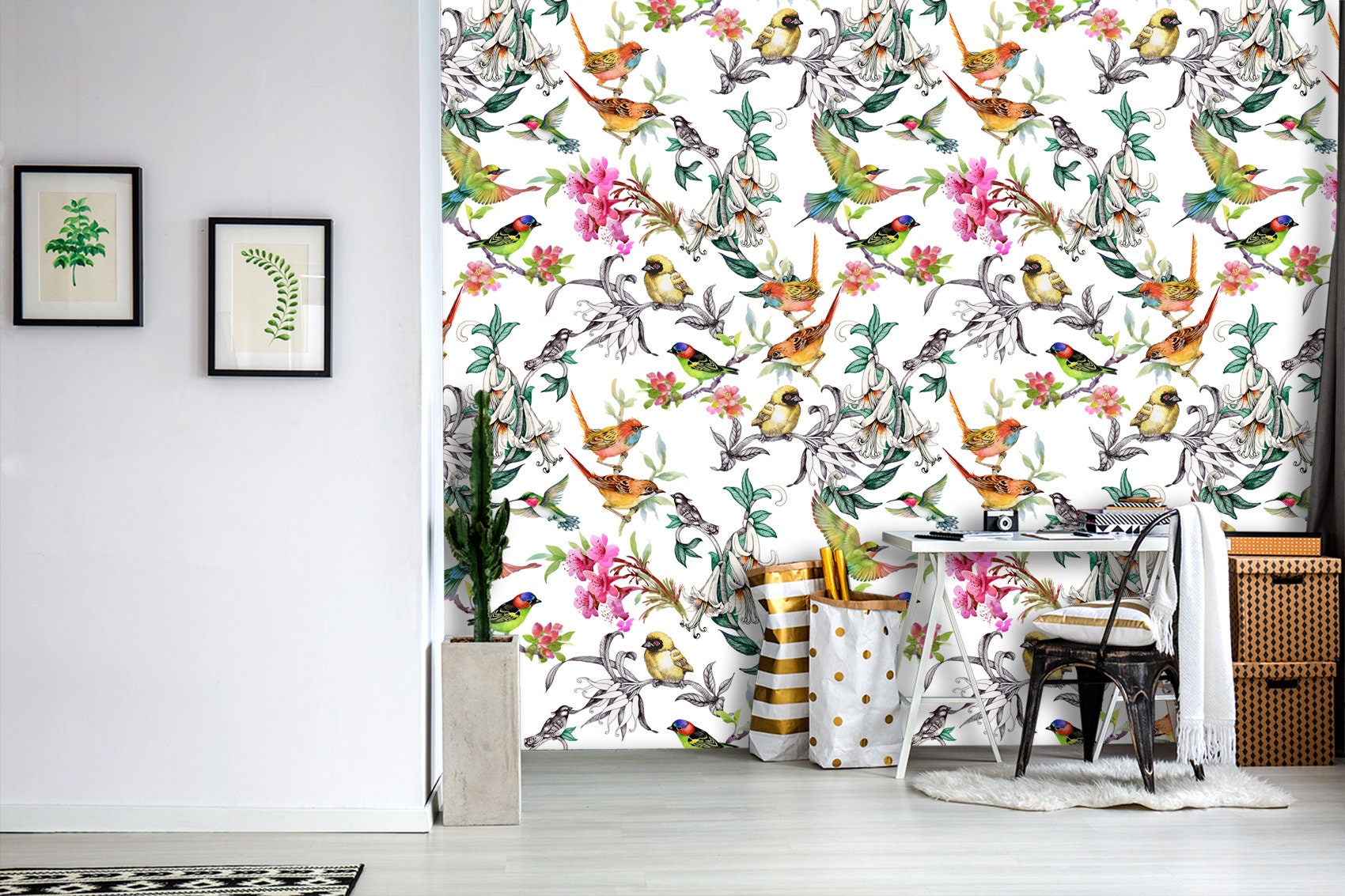 HotDecor 24x118 Bird Boho Floral Wallpaper Flower Wallpaper Peel and  Stick Floral Contact Paper Adhesive Stick on Botanical Wall Paper for Walls