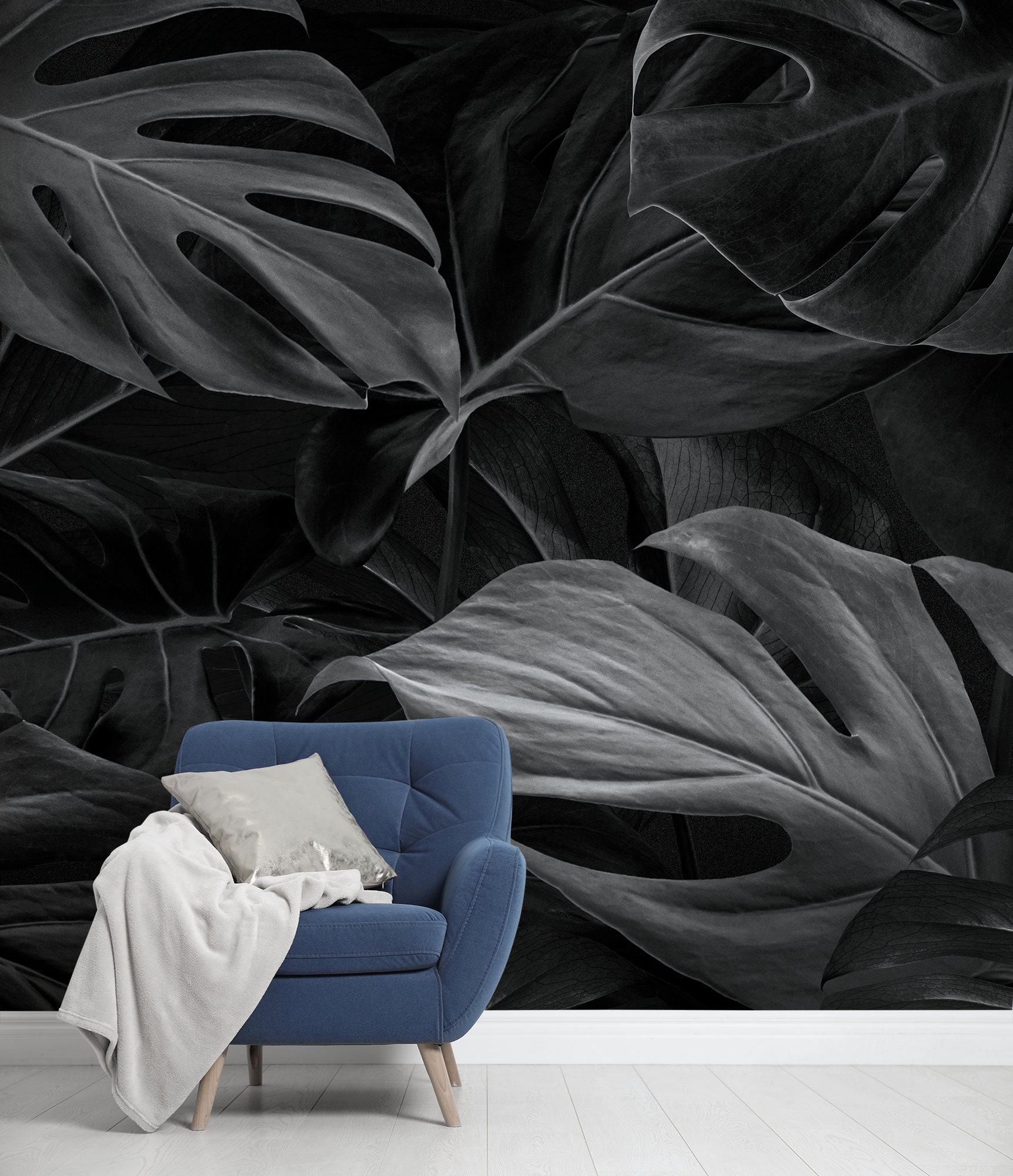 Black Tropical Wall Mural, Peel and Stick Floral Wall Mural, Monstera ...