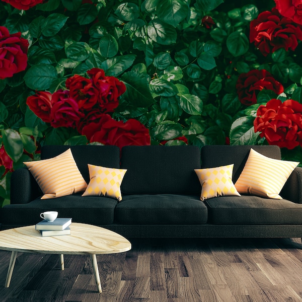 Garden red roses wall mural, peel and stick removable wallpaper, leaf print, red flowers, floral wall art, floral wall decor