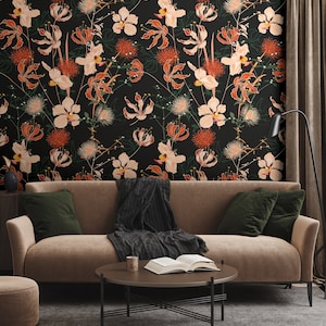 Dark floral wallpaper, orange orchid flowers on black background, self adhesive, peel and stick, removable or traditional, vinyl wallpaper